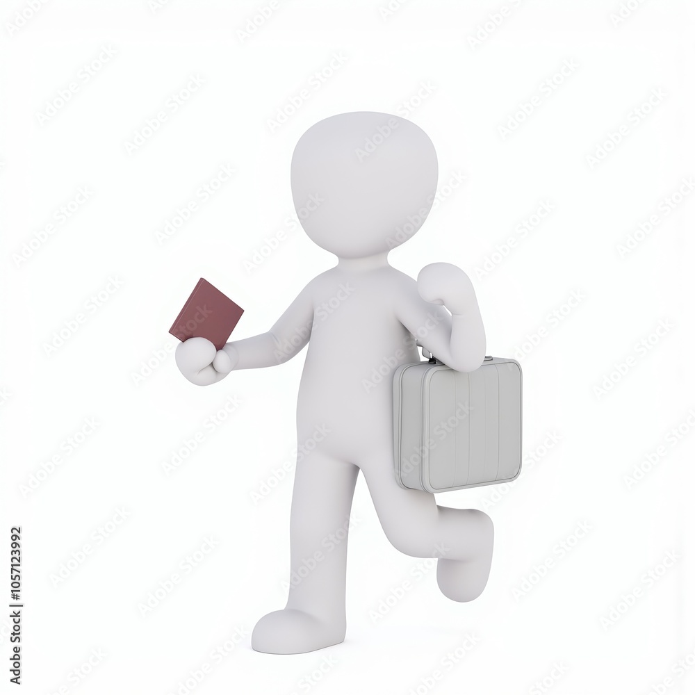3D stick figure traveler with passport and suitcase, clean and white design, ideal for travel brand visuals and international theme with copy space 3D stick figure traveler with passport and suitcase, clean and white design, ideal for travel brand visuals and international theme with copy space