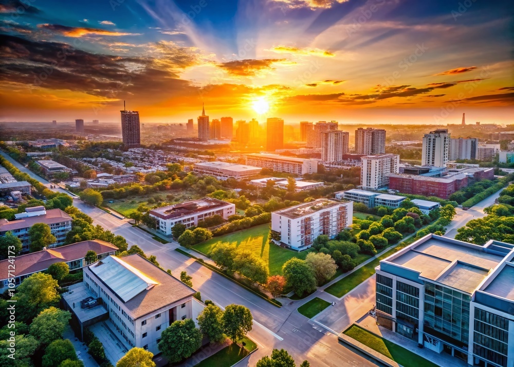 Naklejka premium Minimalist Cityscape with Sunrise and Blank Space for Text - Drone Photography