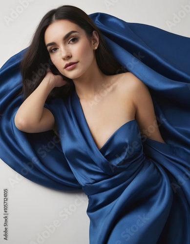 Elegant young woman of Middle-Eastern descent draped in a flowing blue satin gown, exuding sophistication.