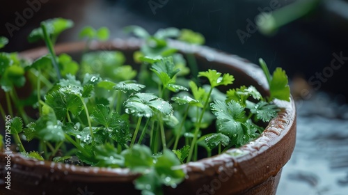 Cilantro sprouts in a clay pot with water drops.