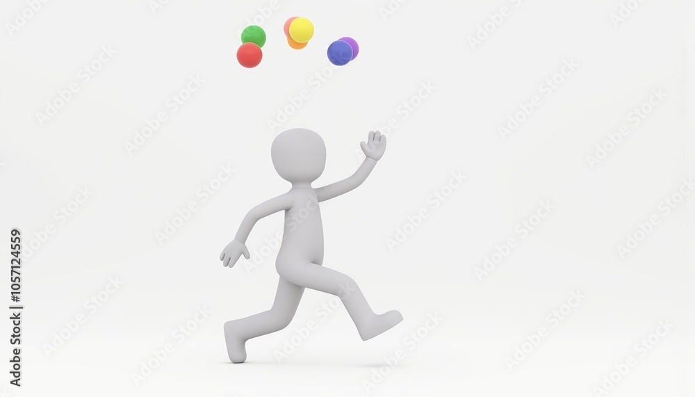 3D stick figure character balancing and juggling for multitasking, minimalist style, productivity theme, with copy space 3D stick figure character balancing and juggling for multitasking, minimalist style, productivity theme, with copy space