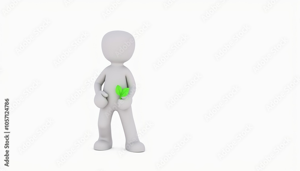 3D Stick Figure Character Holding Plant, Minimalist White Style, Personal Growth Symbol, Copy Space for Messages 3D Stick Figure Character Holding Plant, Minimalist White Style, Personal Growth Symbol, Copy Space for Messages