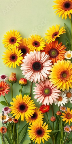 Vibrant summer color palette with sunflowers, dahlias, and daisies in shades of yellow, orange, pink, and green, summer, color