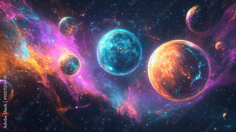 A mesmerizing abstract scene with glowing quantum planets forming a cosmic system surrounded by floating particles A mesmerizing abstract scene with glowing quantum planets forming a cosmic system surrounded by floating particles