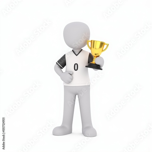 3D stick figure character celebrating victory in sports with trophy, minimalist white style, ideal for sports achievement visuals with copy space