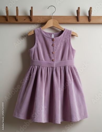 A charming lavender dress with buttons, perfect for young girls, hanging against a minimalist background. photo