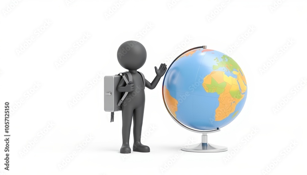 3D stick figure character representing global education, minimalist style, ideal for international study visuals, with copy space for academic or travel-themed messages 3D stick figure character representing global education, minimalist style, ideal for international study visuals, with copy space for academic or travel-themed messages