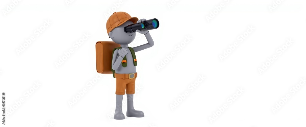 3D Stick Figure Character: Wildlife Exploration Minimalist Glossy Hiking Gear Holding Binoculars Outdoor Adventure White Background Copy Space 3D Stick Figure Character: Wildlife Exploration Minimalist Glossy Hiking Gear Holding Binoculars Outdoor Adventure White Background Copy Space