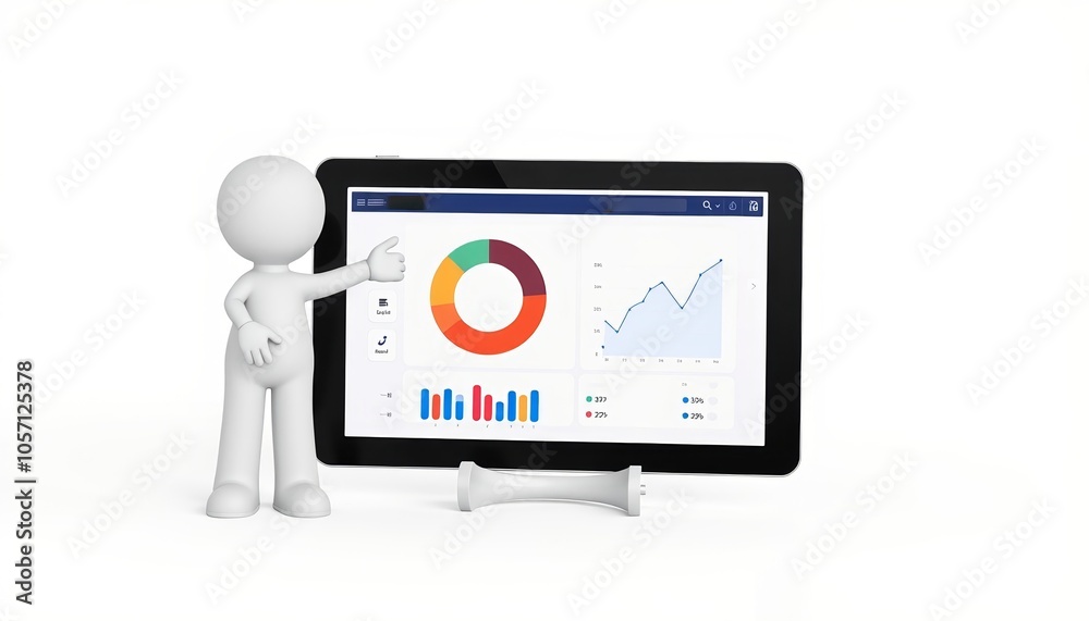 3D Stick Figure Character Pointing at Pie Chart, Glossy White Style, Marketing Data Analysis, Business Insights, Copy Space for Analytics Content 3D Stick Figure Character Pointing at Pie Chart, Glossy White Style, Marketing Data Analysis, Business Insights, Copy Space for Analytics Content