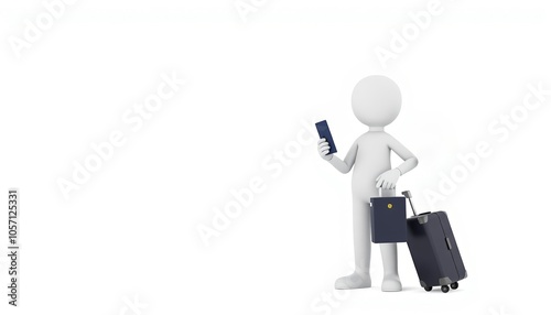 3D stick figure character representing international travel, clean and white style, perfect for travel brand logos or tips on copy space background