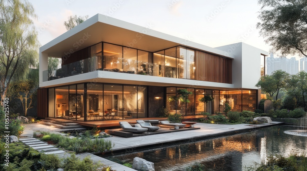 Modern house with large windows, surrounded by greenery and water. Modern house with large windows, surrounded by greenery and water.
