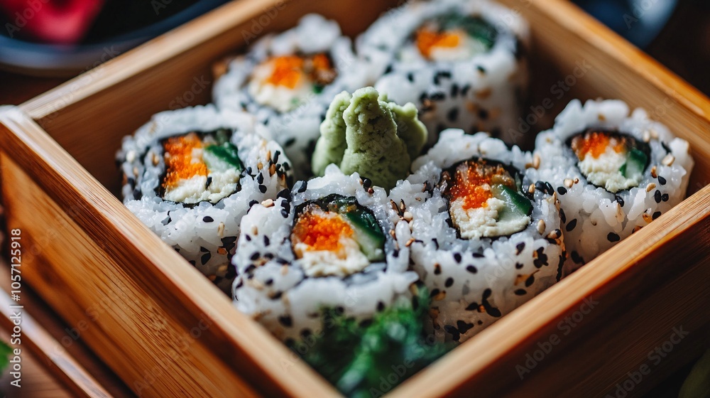 Sushi rolls in a wooden box on a dark background, top view.