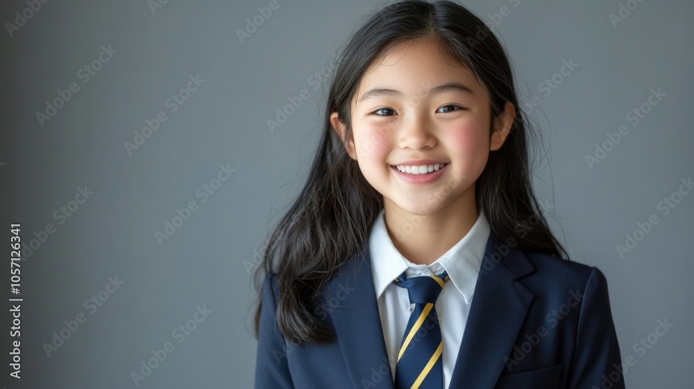 A young girl wearing a blue suit and a yellow tie A young girl wearing a blue suit and a yellow tie