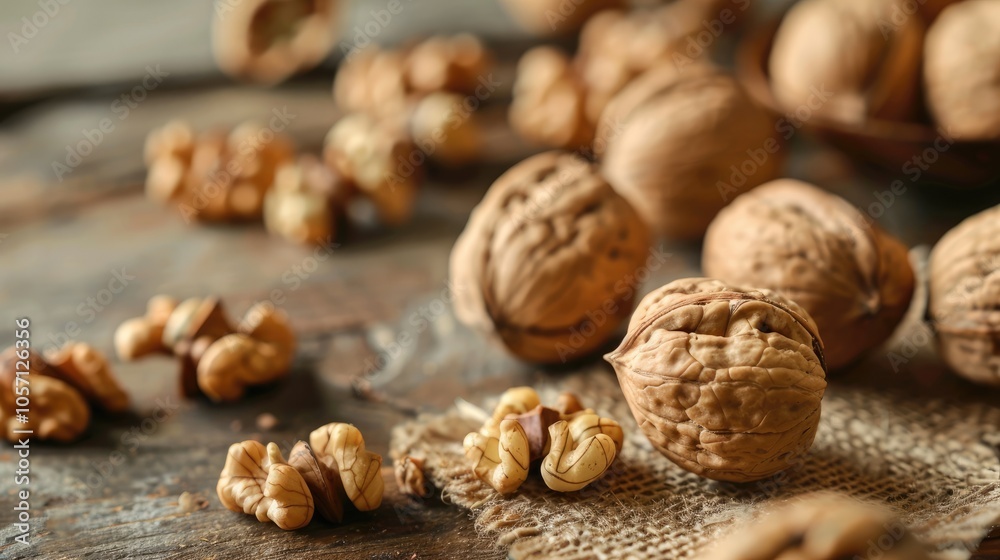 Close-up of walnuts on table with walnut background Close-up of walnuts on table with walnut background