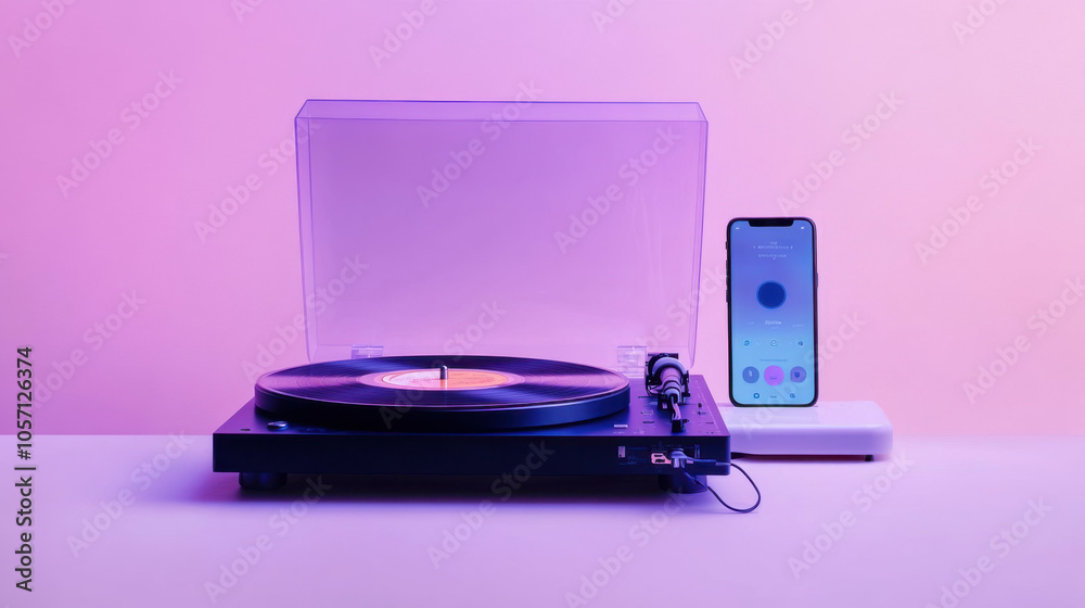 classic vinyl record player with sleek design sits beside smartphone, creating modern blend of vintage and technology. vibrant purple background adds stylish touch to this setup classic vinyl record player with sleek design sits beside smartphone, creating modern blend of vintage and technology. vibrant purple background adds stylish touch to this setup