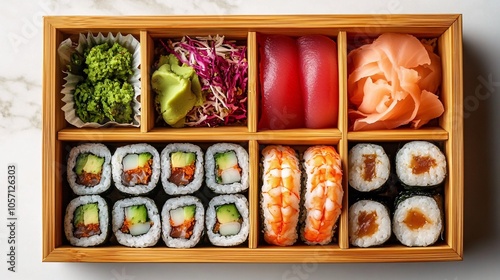 Sushi rolls in a wooden box on a dark background, top view.