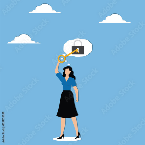 Unlock potential, discover key to solution solving problem, open mindset for new opportunity, think to develop idea, achievement or freedom concept, businesswoman put key to keyhole in thought bubble