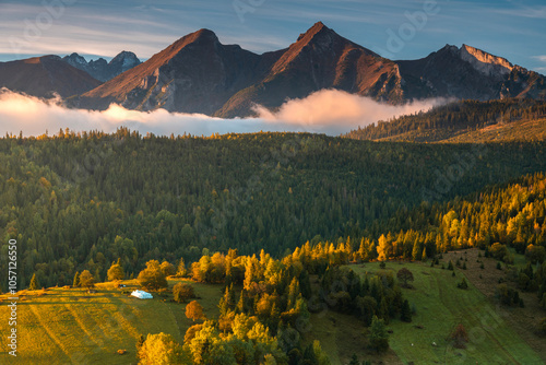 Fototapeta Naklejka Na Ścianę i Meble -  Idyllic Autumn Landscape in Rural Poland Below the Towering Tatras Mountains