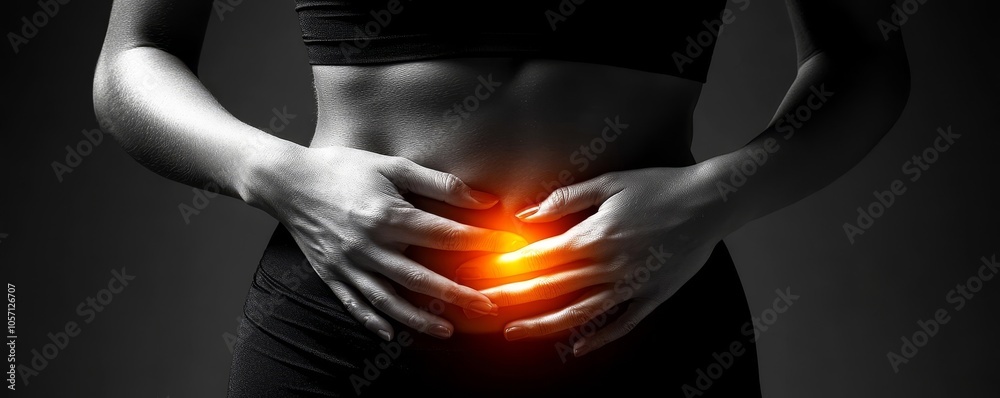 woman having painful lower stomach and hands holding pressing her
