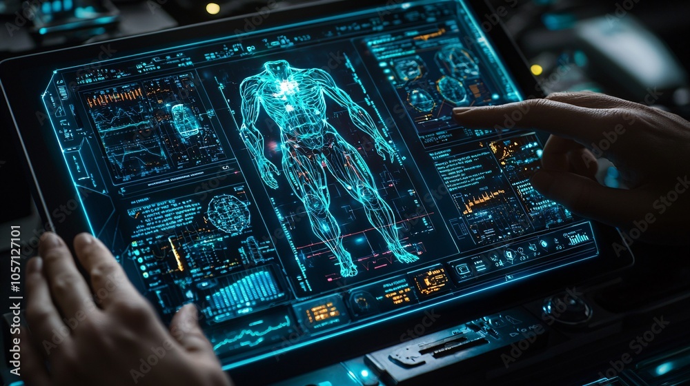 Fototapeta premium Macro shot of a doctor reviewing electronic patient diagnostics on a futuristic interface in a high-tech clinic, capturing data visualization. Realistic and professional.