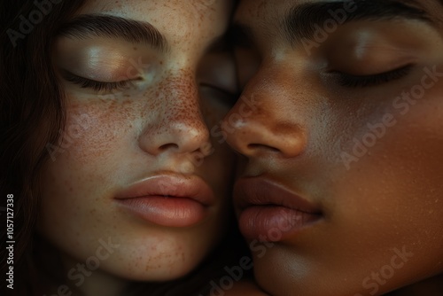 Intimate close-up of two serene faces, highlighting freckles and closed eyes.