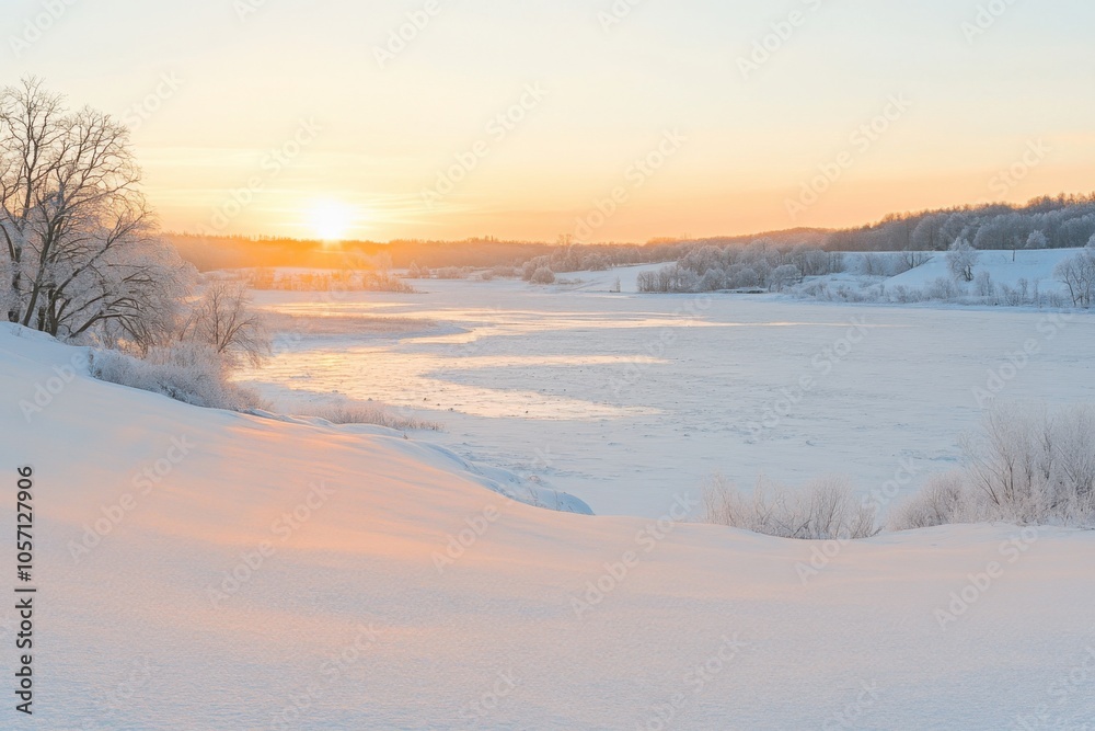 Serene winter landscape with snowy fields and sunrise over frozen river Serene winter landscape with snowy fields and sunrise over frozen river