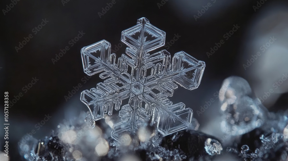 A detailed look at snowflake crystals in close-up, highlighting the uniqueness and complexity of each ice formation A detailed look at snowflake crystals in close-up, highlighting the uniqueness and complexity of each ice formation