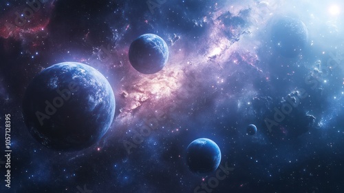 multiple planets in various sizes floating through deep space with cosmic dust and bright starlight photo