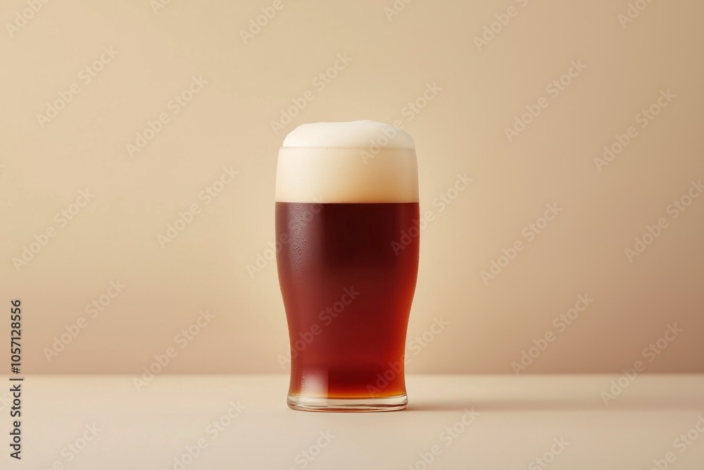 A tall glass of dark beer with a frothy head against a neutral background. A tall glass of dark beer with a frothy head against a neutral background.