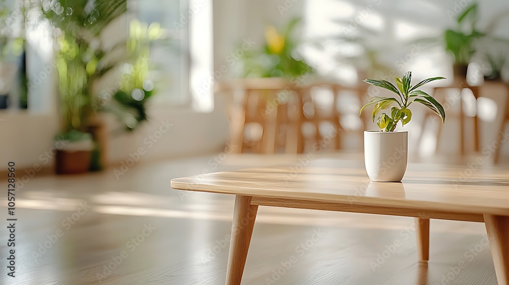 Fototapeta premium A tranquil indoor space featuring a minimalist table with a potted plant in bright natural light for a cozy atmosphere