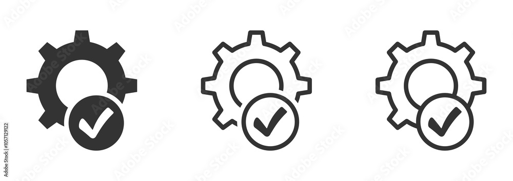 Checkmark with a gear vector icon. Checkmark with cogwheel vector icon. Gear and checkmark vector symbols set. Checkmark with gear icon Checkmark with a gear vector icon. Checkmark with cogwheel vector icon. Gear and checkmark vector symbols set. Checkmark with gear icon