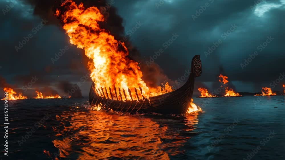A Dramatic Viking Ship is Burning Very Intensely and Steadily on the Turbulent and Stormy Waters of the Ocean