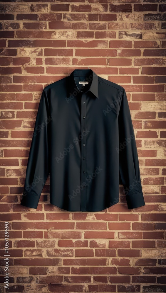 Naklejka premium A sleek black shirt hanging against a textured brick wall, showcasing its sharp design and modern appeal.