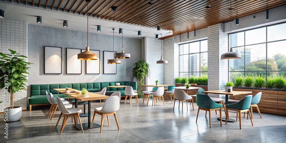 Fototapeta premium Modern Cafe Interior with Empty White Wall for Advertising Space - Contemporary Restaurant Design