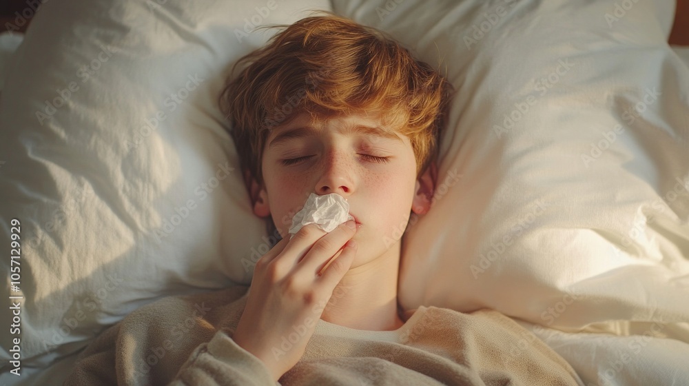 A boy is laying in bed with a tissue in his mouth