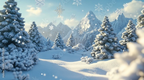 A snowy mountain range with trees and snowflakes