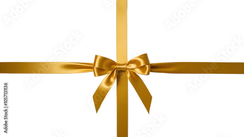 Gold luxury ribbon and bow cutout isolated against transparent background. Gift wrapping PNG.