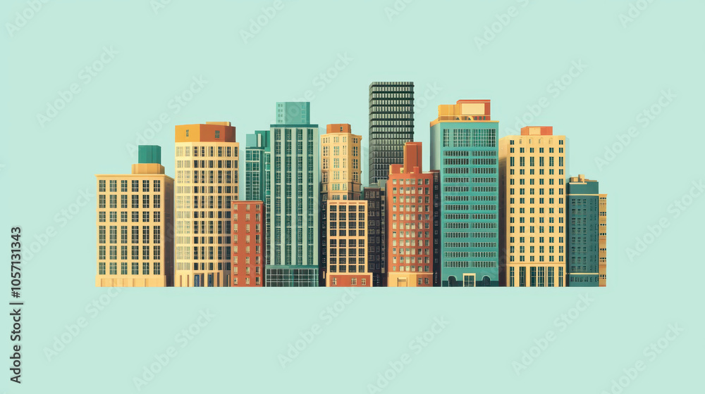 Modern city skyline illustration with colorful buildings and structures Modern city skyline illustration with colorful buildings and structures