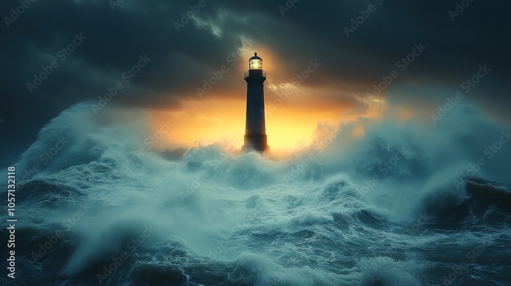 A lighthouse stands resilient against turbulent ocean waves at sunset. A lighthouse stands resilient against turbulent ocean waves at sunset.