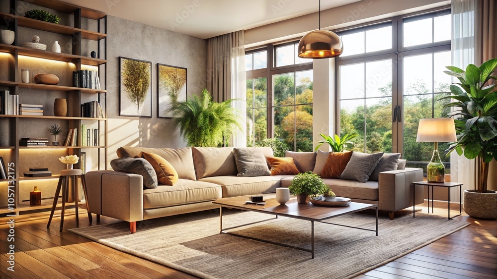 Modern Living Room with Large Windows and Plush Couch for Cozy Interior Design Inspiration Modern Living Room with Large Windows and Plush Couch for Cozy Interior Design Inspiration