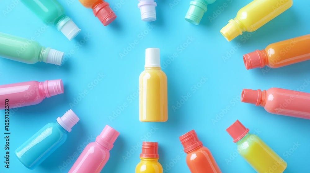 A row of colorful bottles with one yellow bottle in the middle A row of colorful bottles with one yellow bottle in the middle