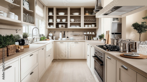 Modern kitchen interior with beige cabinets, stainless steel appliances, and open shelves displaying dishes. Includes potted herbs, wooden accessories, and a gas stove on a center island.