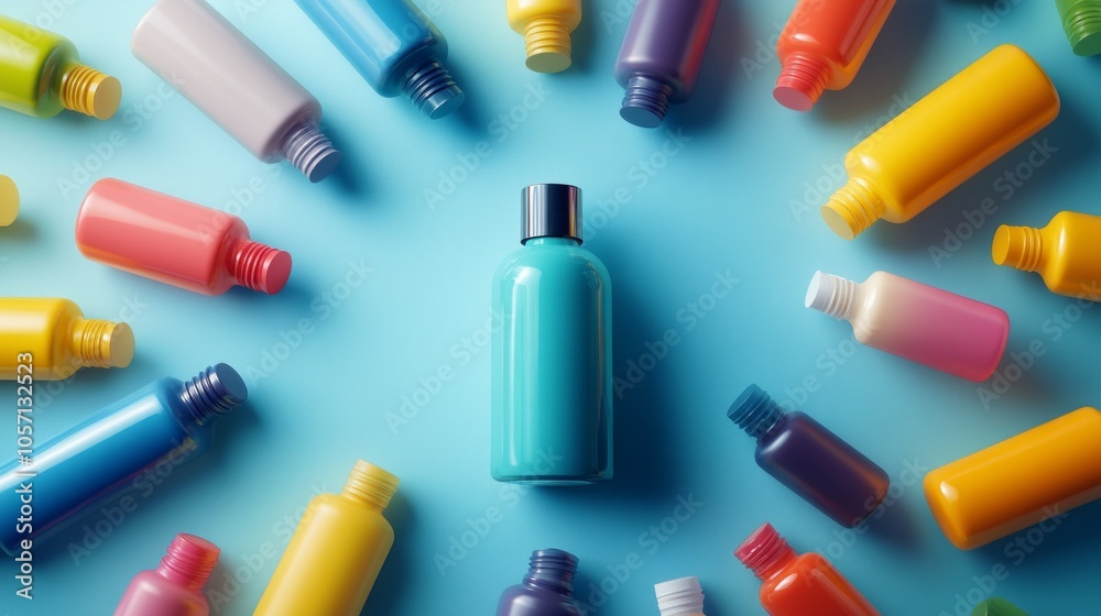 A bottle of blue liquid is surrounded by many other bottles of different colors A bottle of blue liquid is surrounded by many other bottles of different colors