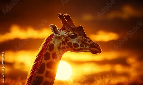 A giraffe's head and neck silhouetted against a vibrant orange sunset, with a setting sun in the background. photo