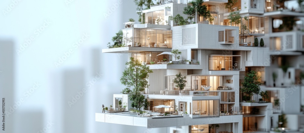 A modern, futuristic, and sustainable residential building with greenery on balconies and large windows. A modern, futuristic, and sustainable residential building with greenery on balconies and large windows.