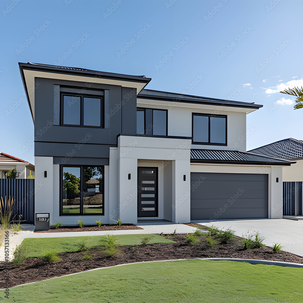 modern house with sky and grass. Generative AI modern house with sky and grass. Generative AI