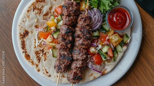 Top view tike kebab on skewers on pita bread with vegetable salad and ketchup