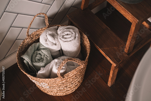 Soft towels arranged neatly in a woven basket beside a wooden stool photo