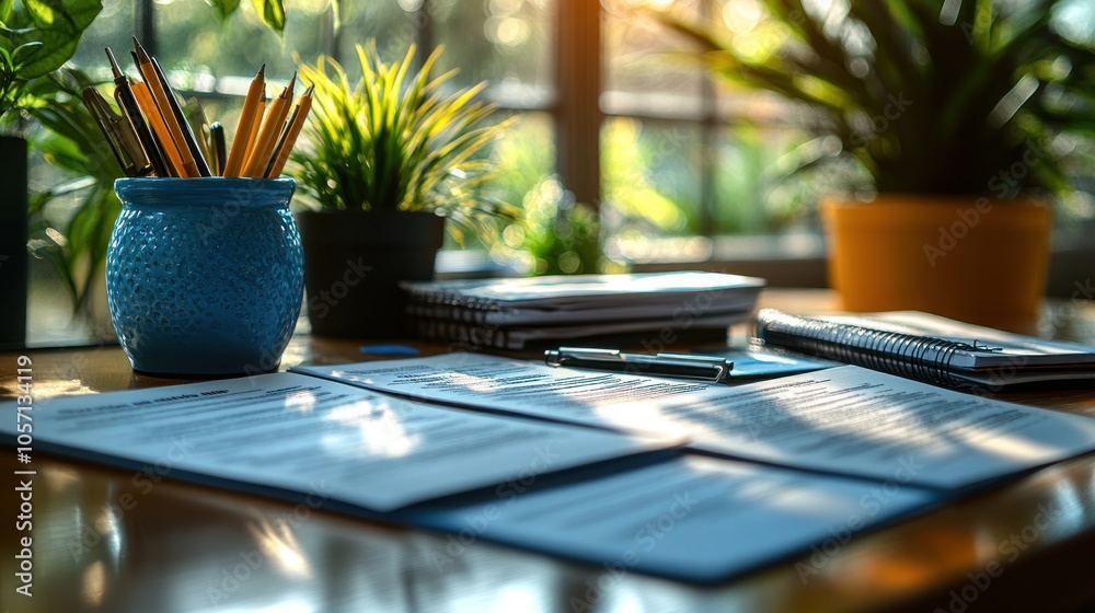 Fototapeta premium A workspace with plants, stationery, and notebooks for productivity.