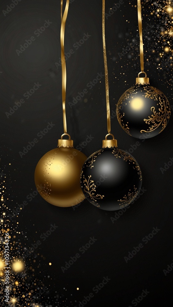 Black vertical background with gold Christmas balls and copy space. New Year, winter holidays. Black vertical background with gold Christmas balls and copy space. New Year, winter holidays.